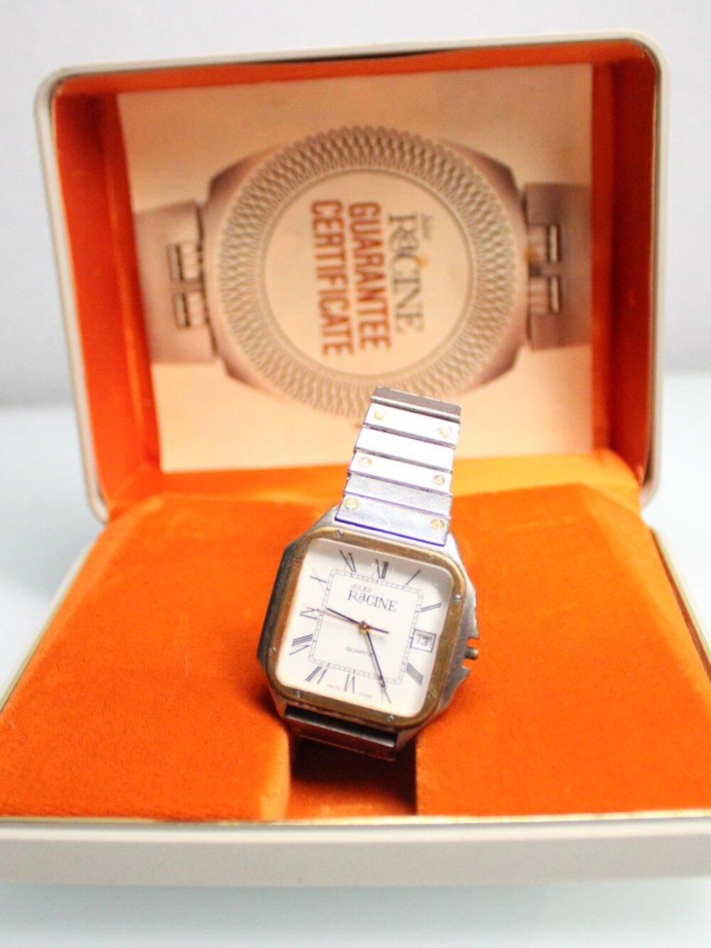 Jules Racine Quartz Watch Swiss Made Two Tone Rectangular Date Original Box